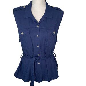 Vintage Ali Miles Blue Sleeveless Linen Blend Safari Shirt Sash Buttons 12